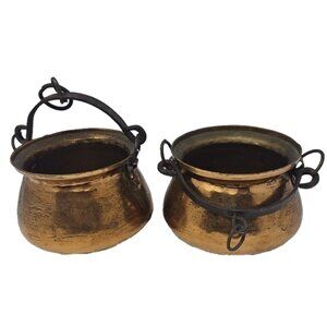 2 Antique Copper Cauldron Hanging Hearth Pots Wrought Iron Bail Handles 5" wide
